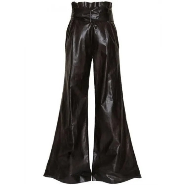 Women's Black Vintage Wide-Leg Leather Trousers