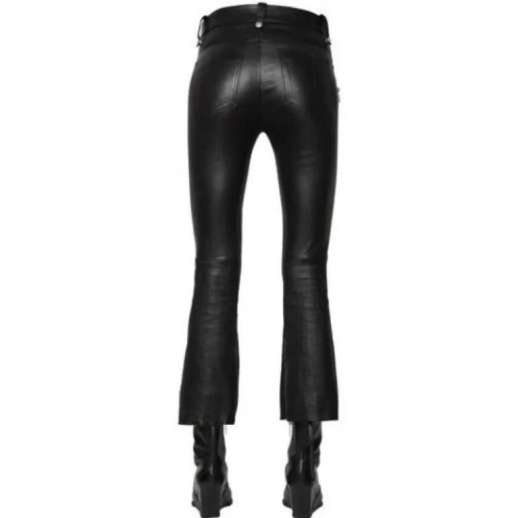 Women's Black Soft Leather Straight-Leg Jeans