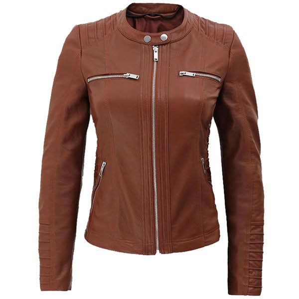 Women’s Brown Cafe Racer Leather Jacket with Detachable Hood – Avanzar Leather
