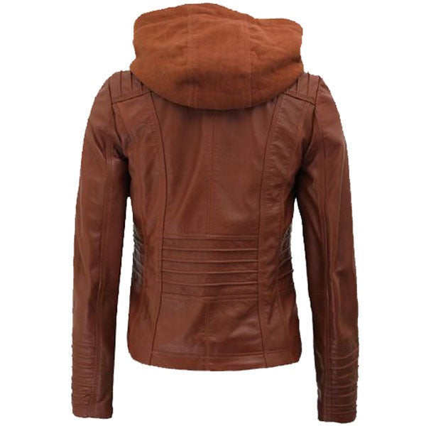 Women’s Brown Cafe Racer Leather Jacket with Detachable Hood – Avanzar Leather