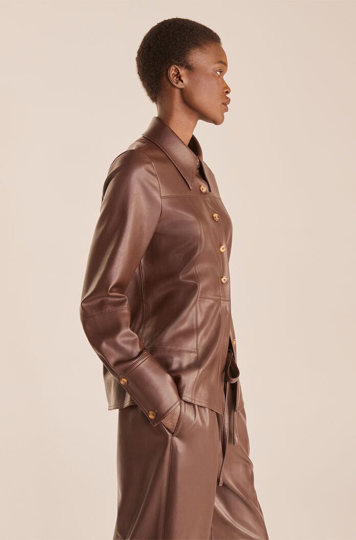 Women's Chocolate Brown Leather Shirt with Gold Buttons and Tailored Fit