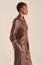 Women's Chocolate Brown Leather Shirt with Gold Buttons and Tailored Fit