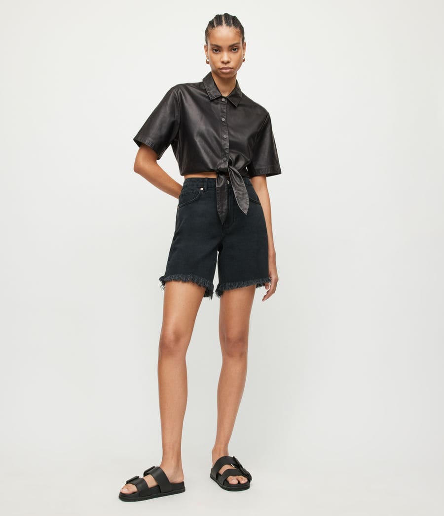 Women's Black Cropped Leather Shirt with Modern Fit