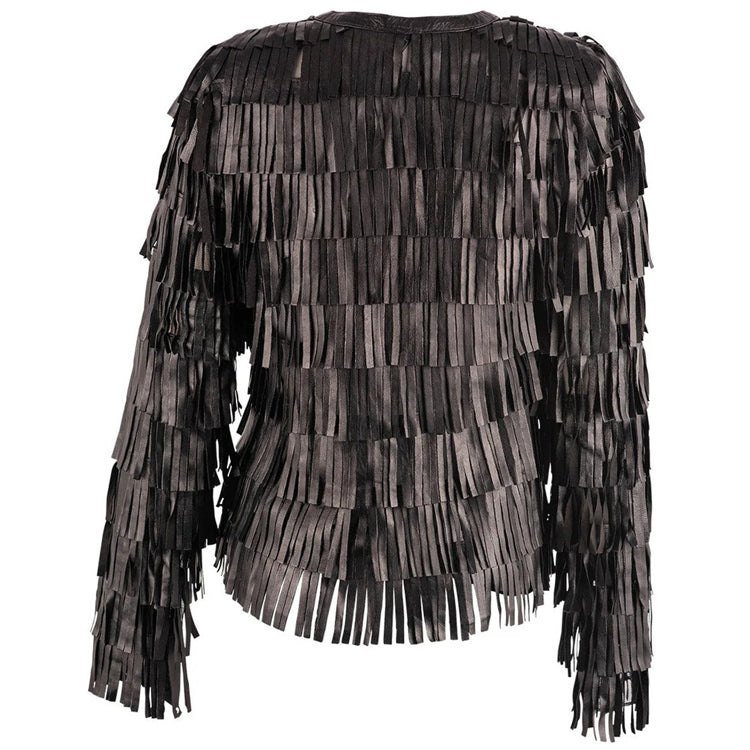 Women's Full Fringe Leather Jacket Black