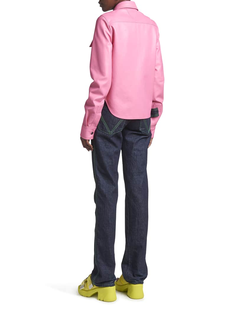 Women's Pink Full Sleeve Leather Shirt with Tailored Fit