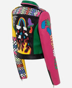 Graffiti Printed Cropped Leather Bikers Jacket