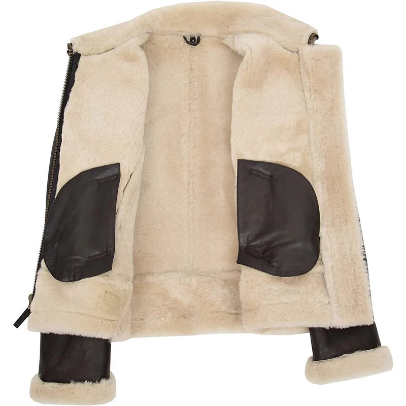 Women’s Brown Shearling Aviator Jacket with Hood | Avanzar Leather