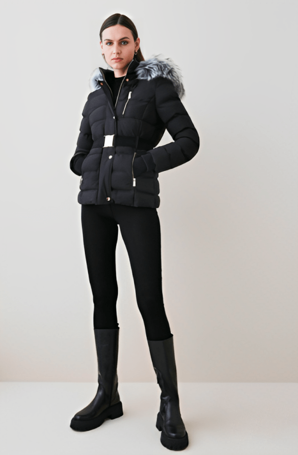 Women's Black Puffer Jacket with Fur Hood - Sleek and Cozy