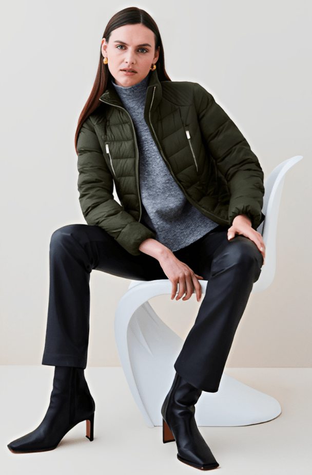 Women's Khaki Green Puffer Jacket with Belt - Stylish and Warm