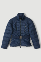 Women's Navy Blue Puffer Jacket with Belt - Chic and Cozy