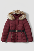 Women's Ox Red Puffer Jacket with Fur Collar - Bold and Cozy