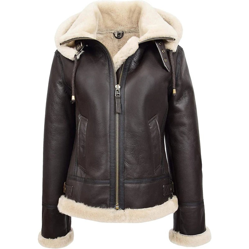 Women’s Brown Shearling Aviator Jacket with Hood | Avanzar Leather