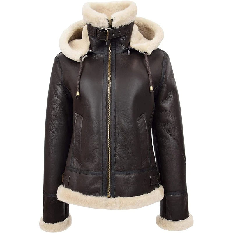 Women’s Brown Shearling Aviator Jacket with Hood | Avanzar Leather