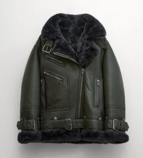Women's Khaki Sheepskin Bomber Biker Leather Jacket