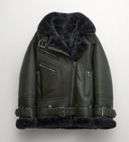 Women's Khaki Sheepskin Bomber Biker Leather Jacket