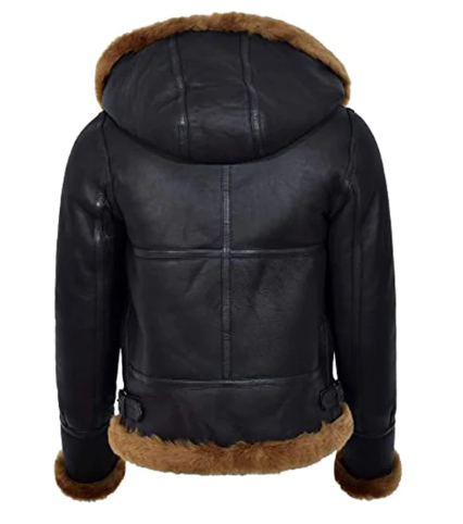 Women's Black Sheepskin Leather Jacket with Hood - Stylish and Warm