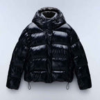 Womens Shiny Puffer Jacket in Black