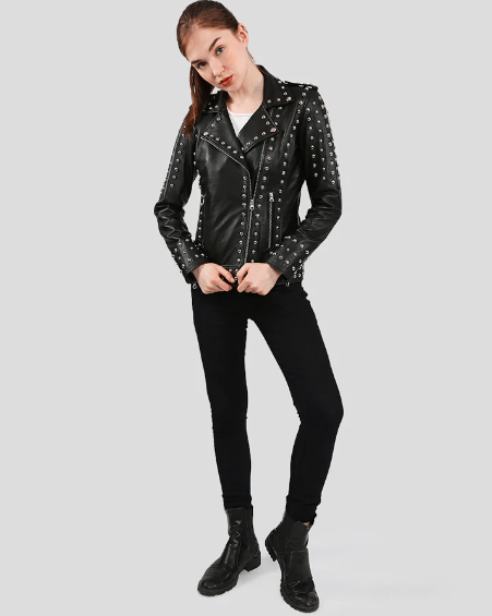 Women's Black Studded Leather Biker Jacket - Edgy Motorcycle Look