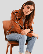 Women's Tan Brown Studded Leather Biker Jacket