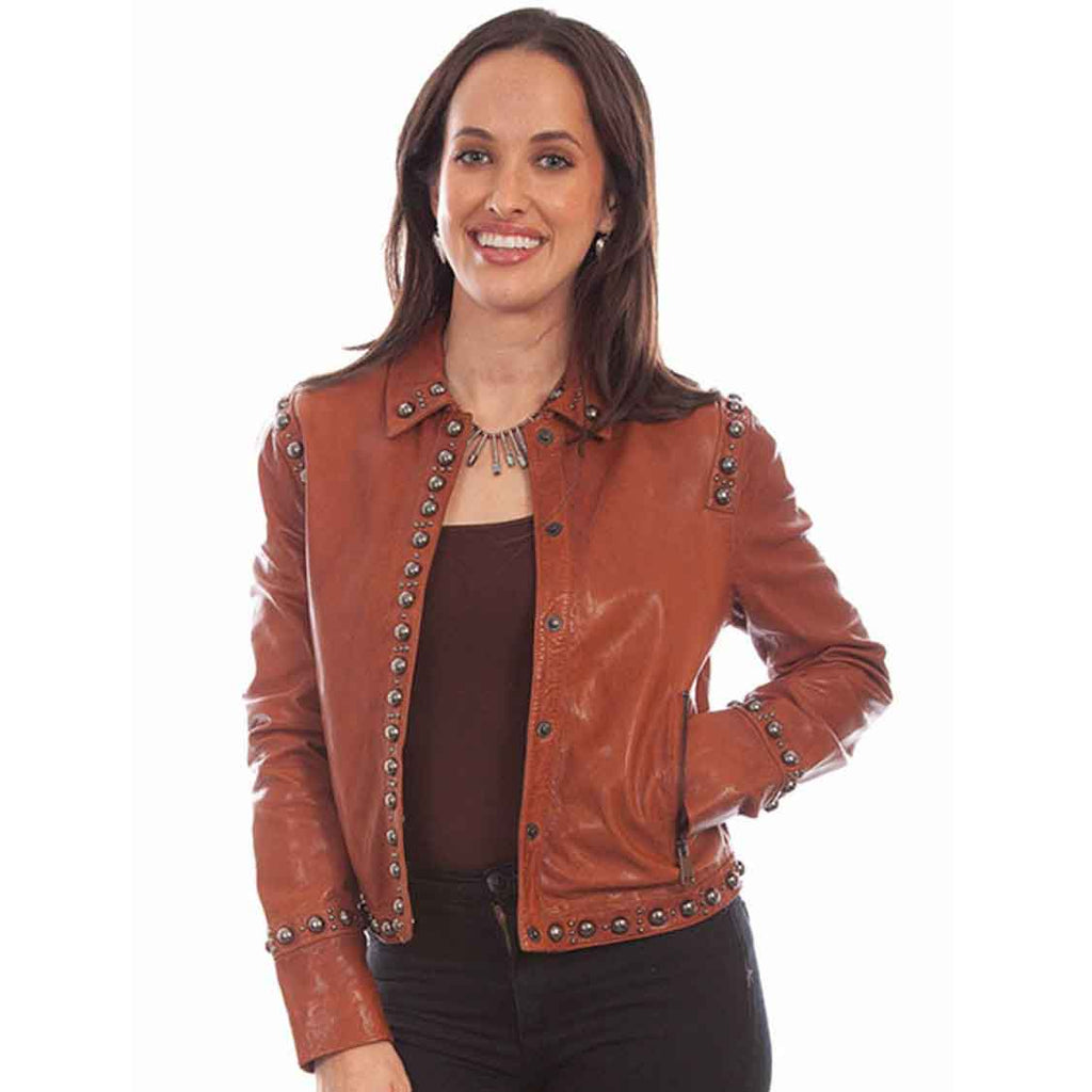 Womens Studded Leather Jacket in Brown
