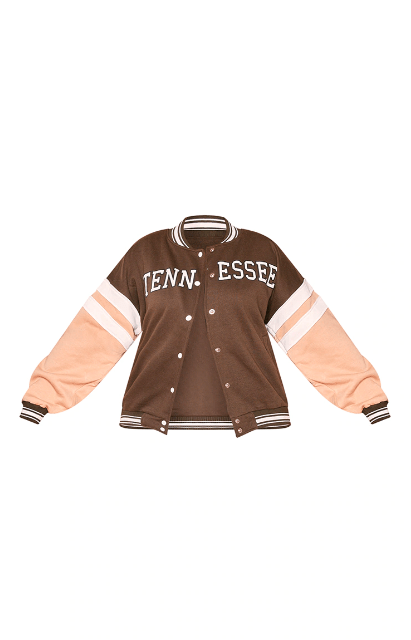 Women's Brown Varsity Bomber Leather Jacket with Pink Sleeves - Stylish and Unique