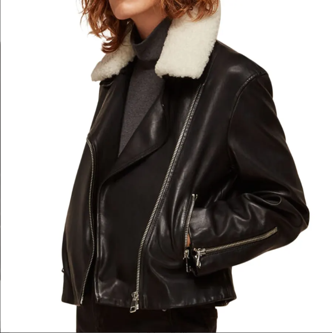 Women's Black Biker Leather Jacket with White Sheepskin Fur