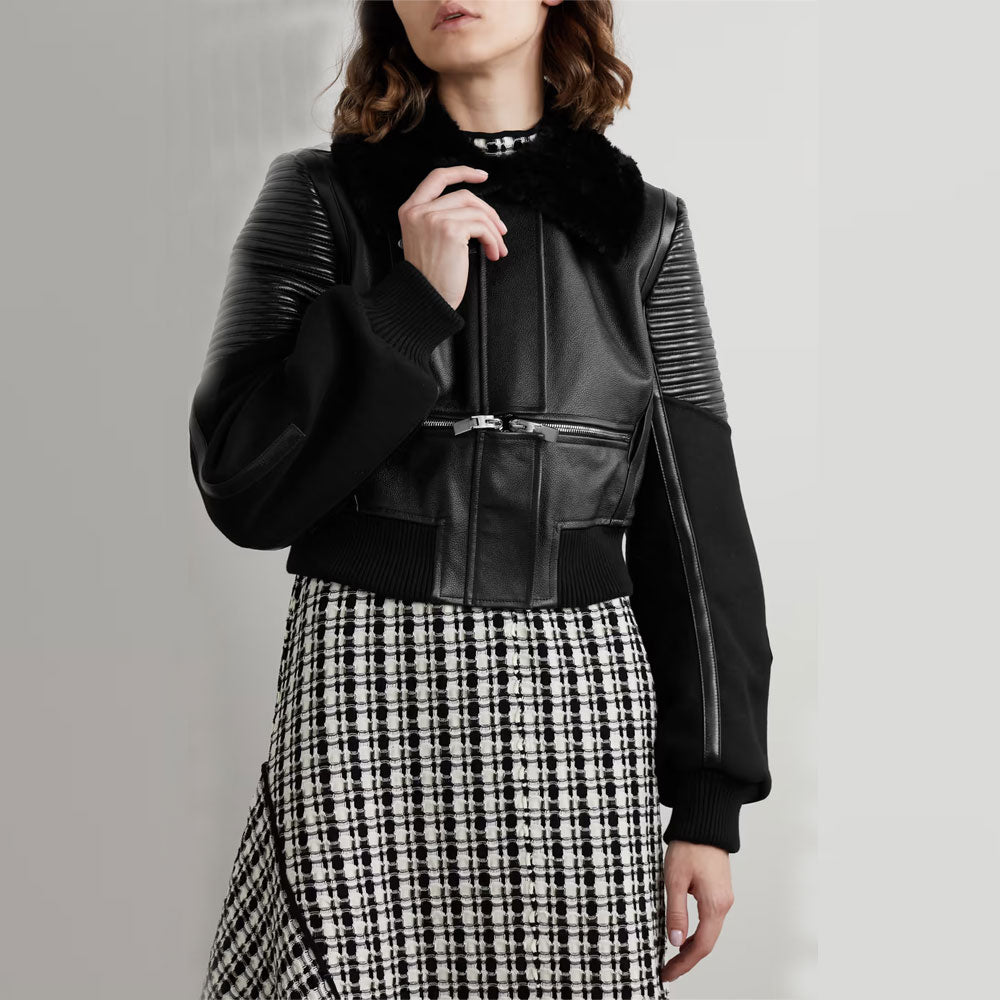 Black Women's Shearling Sheepskin B3 Bomber Leather Biker Jacket