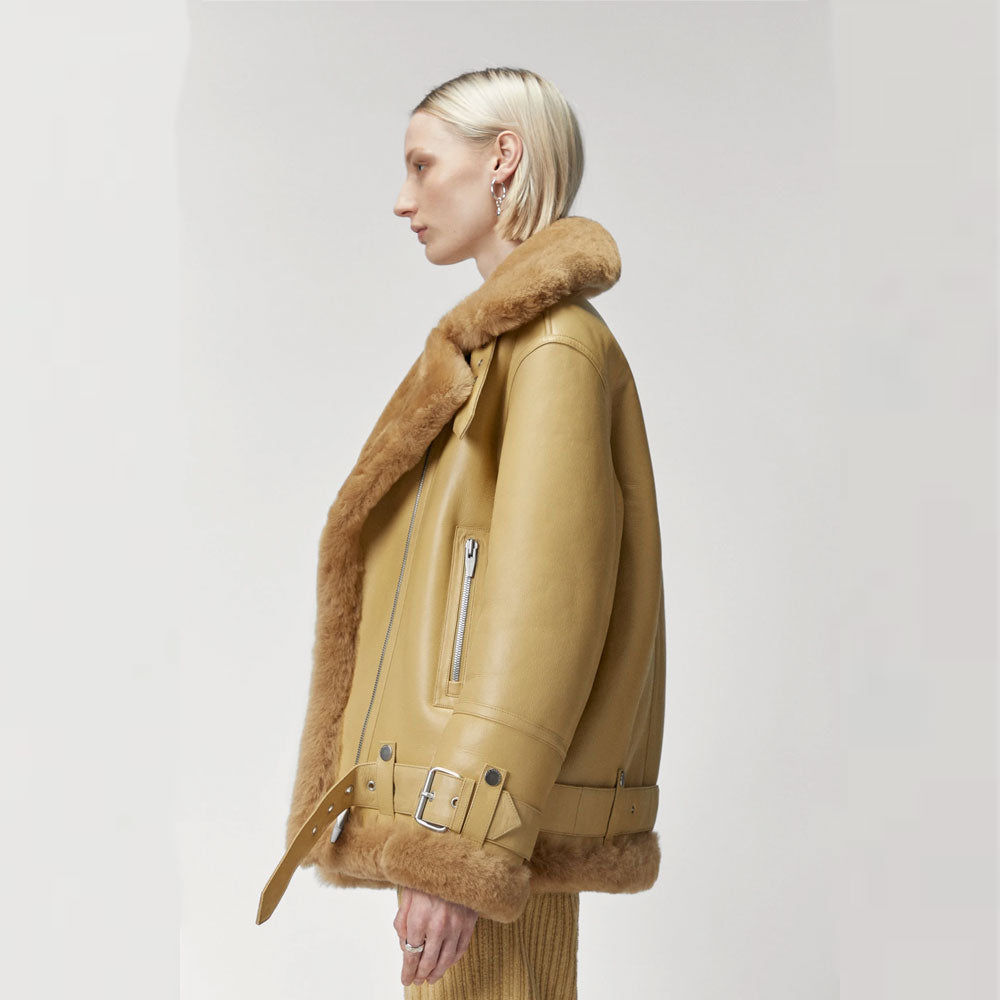 Women’s Light Brown RAF Aviator Styled Sheepskin Shearling Leather Jacket