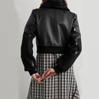 Women Black Shearling-trimmed textured-leather jacket