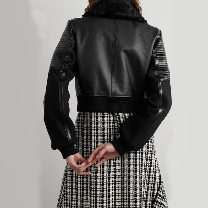 Women Black Shearling-trimmed textured-leather jacket