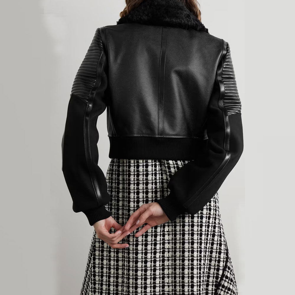 Black Women's Shearling Sheepskin B3 Bomber Leather Biker Jacket