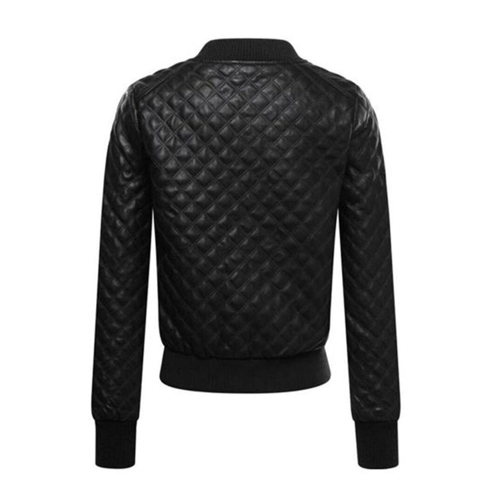 Womens Black Genuine  Leather Quilted Bomber Jacket