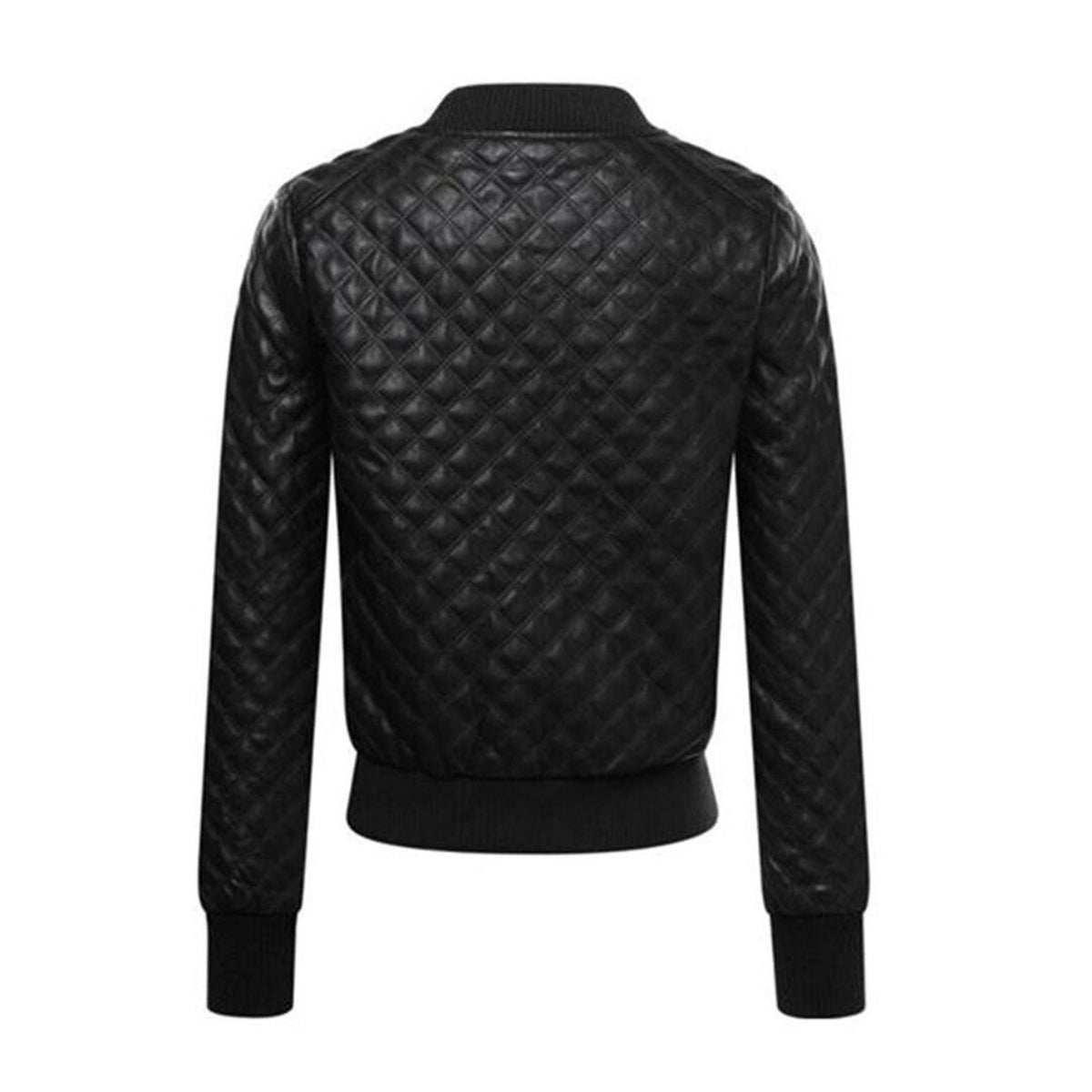 Womens Black Genuine  Leather Quilted Bomber Jacket