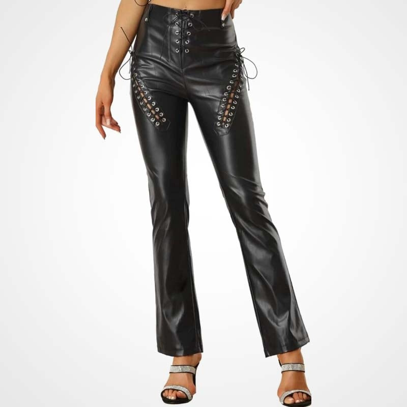 Women's Black Lace-Up Lambskin Biker Pants