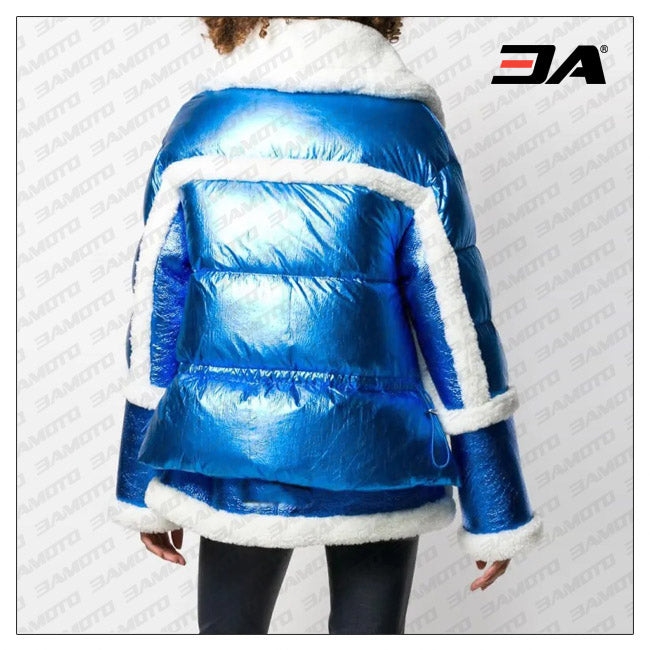 Womens Blue & White Metallic Moto Coat