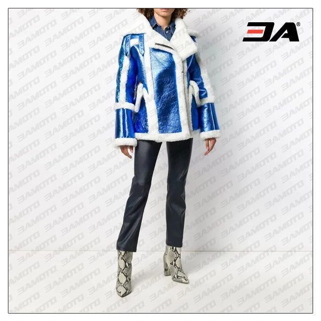 Womens Blue & White Metallic Moto Coat