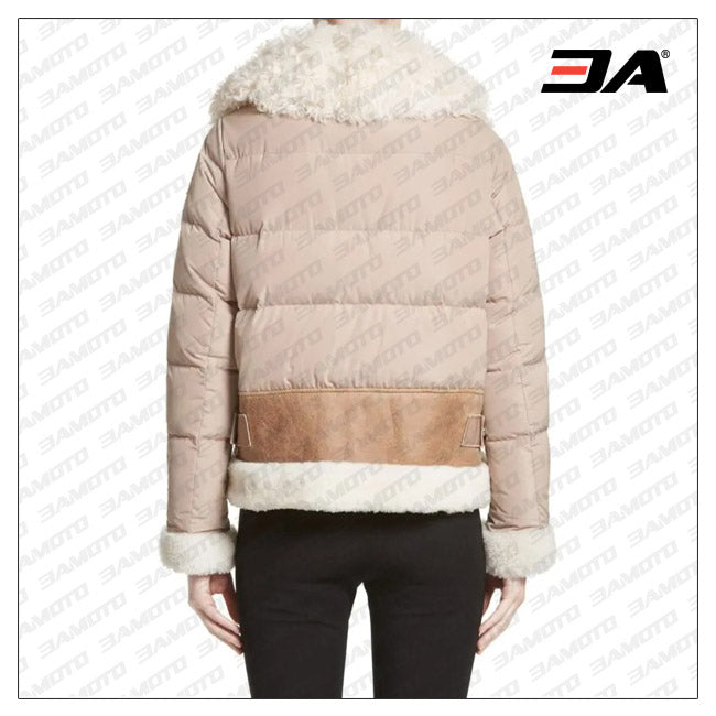 Womens Brown Genuine Shearling & Down Puffer Jacket