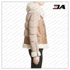 Womens Brown Genuine Shearling & Down Puffer Jacket