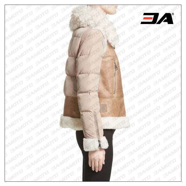 Womens Brown Genuine Shearling & Down Puffer Jacket