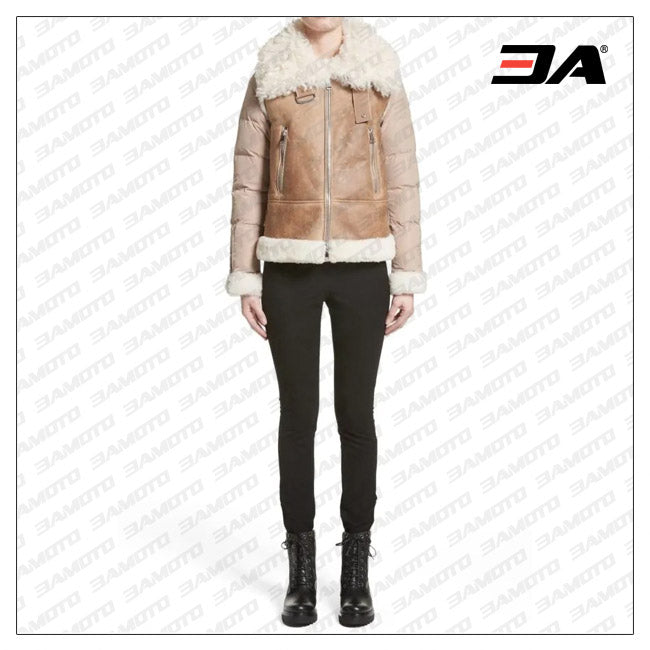 Womens Brown Genuine Shearling & Down Puffer Jacket