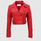 Womens Leather Cropped Biker Jacket Demi Red