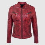 Womens Leather Standing Collar Jacket Becky Burnt Red