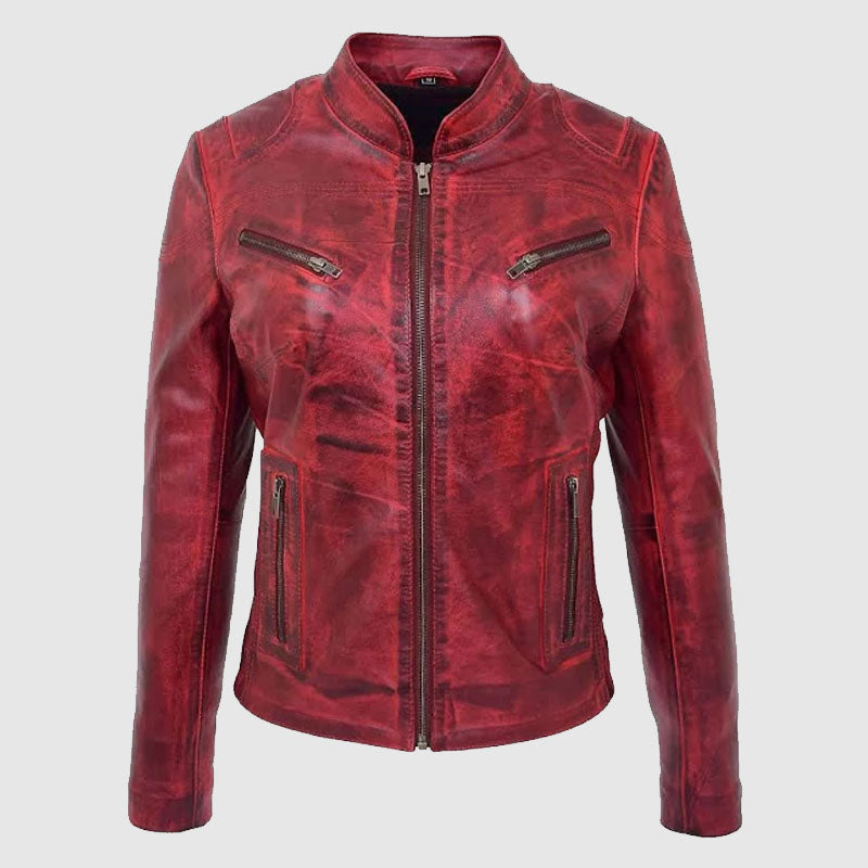 Womens Leather Standing Collar Jacket Becky Burnt Red