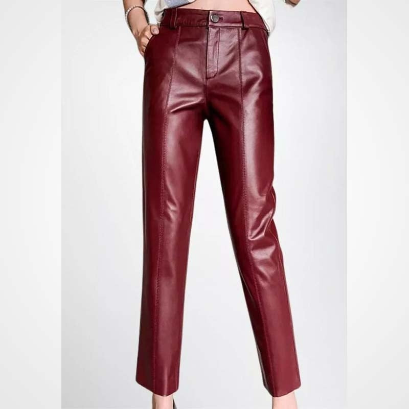 Women’s Maroon Lambskin Leather Pencil Pants