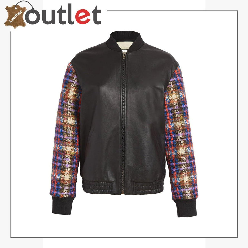 Wool Blend Tweed & Leather Bomber Jacket