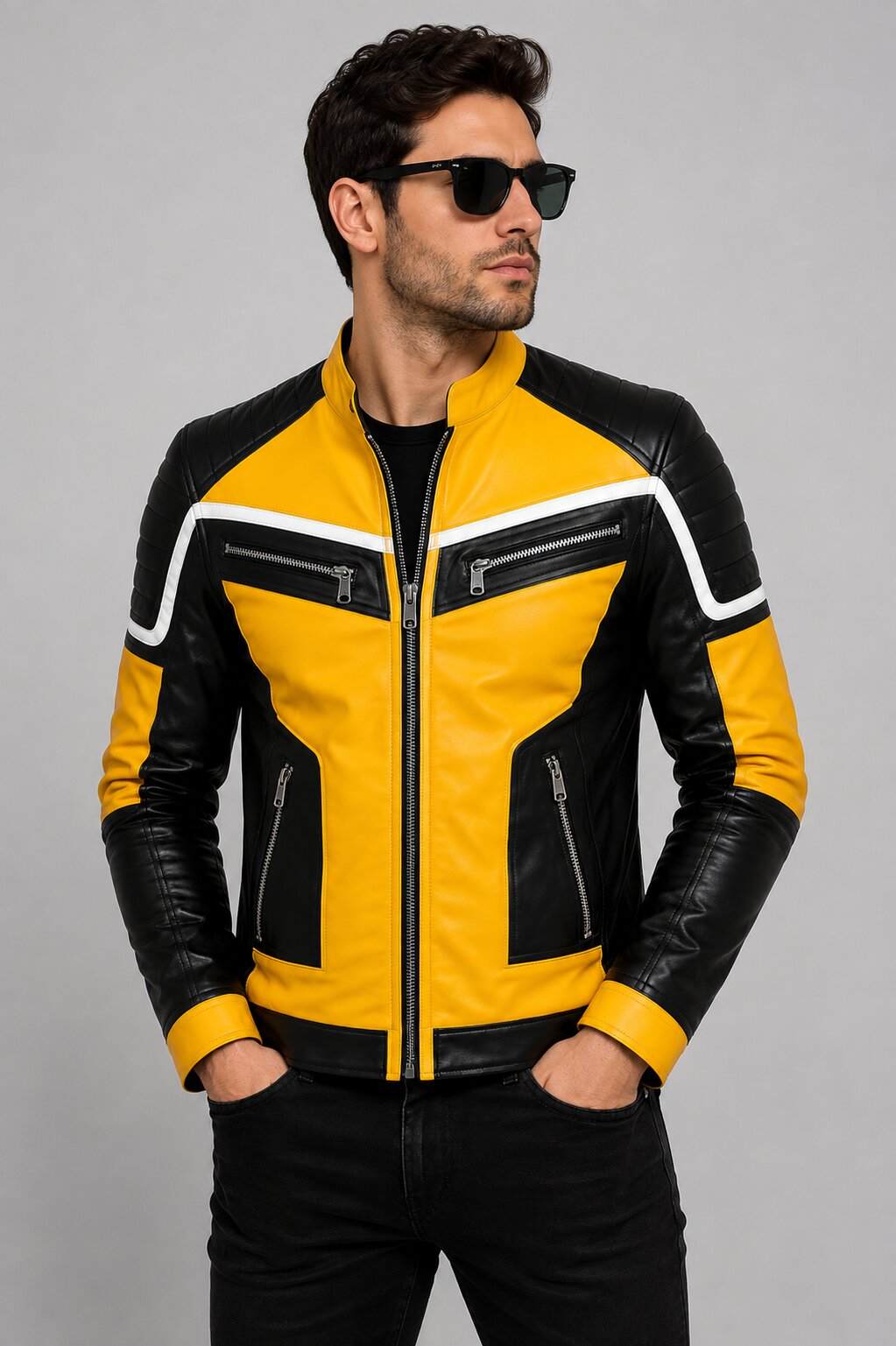 Yellow & Black Leather Motorcycle Jacket | Men's Racing Jacket