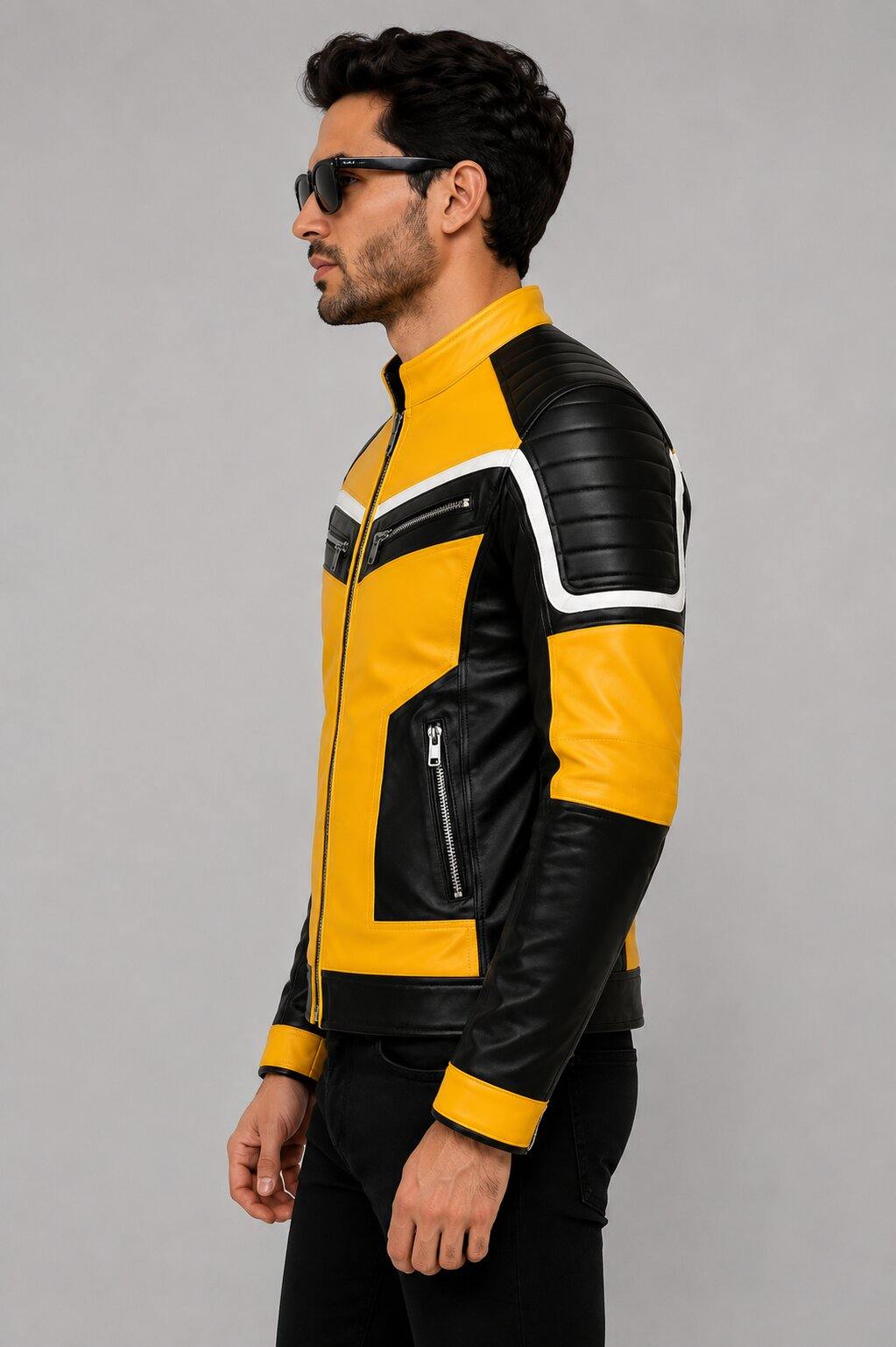 Yellow & Black Leather Motorcycle Jacket | Men's Racing Jacket