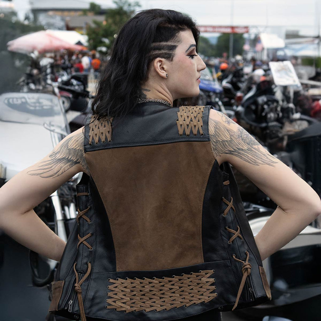 Milwaukee Leather Women's MLL4509 Smoocher Two Tone Crazy Horse Brown and Black Leather Club Style Motorcycle Vest