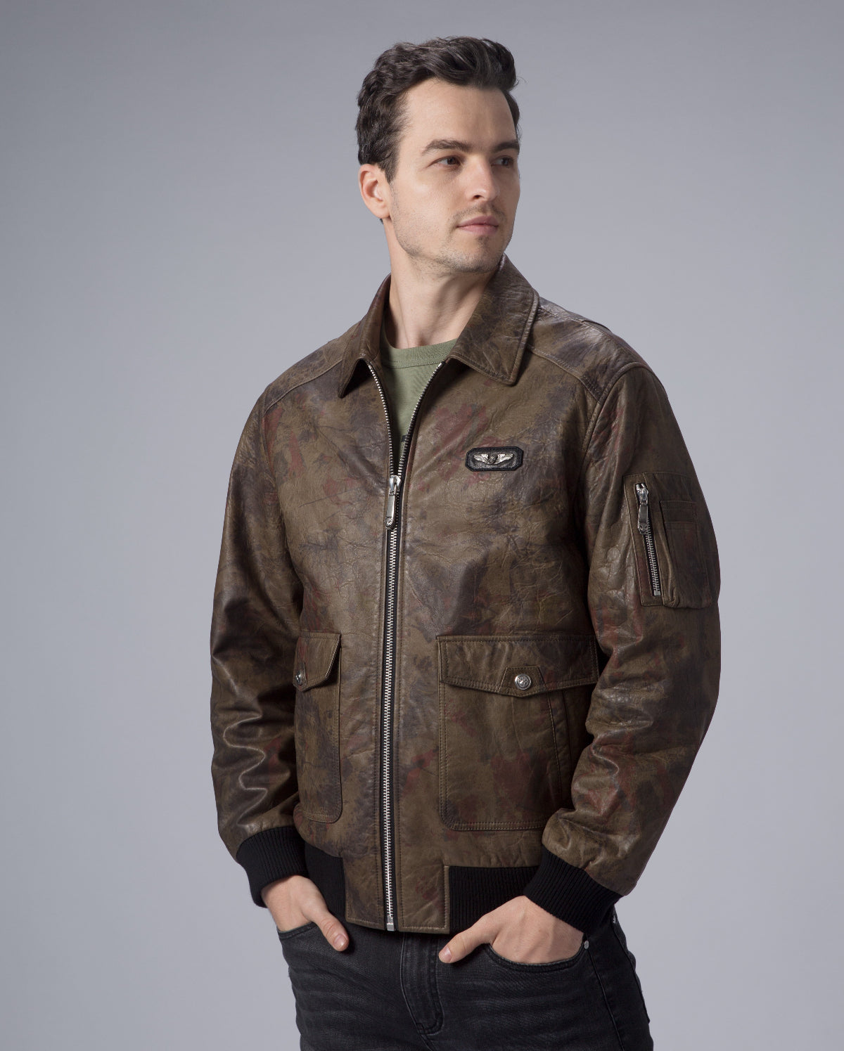 Green Camouflage Air Force A-2 Goatskin Leather Flight Bomber Jacket