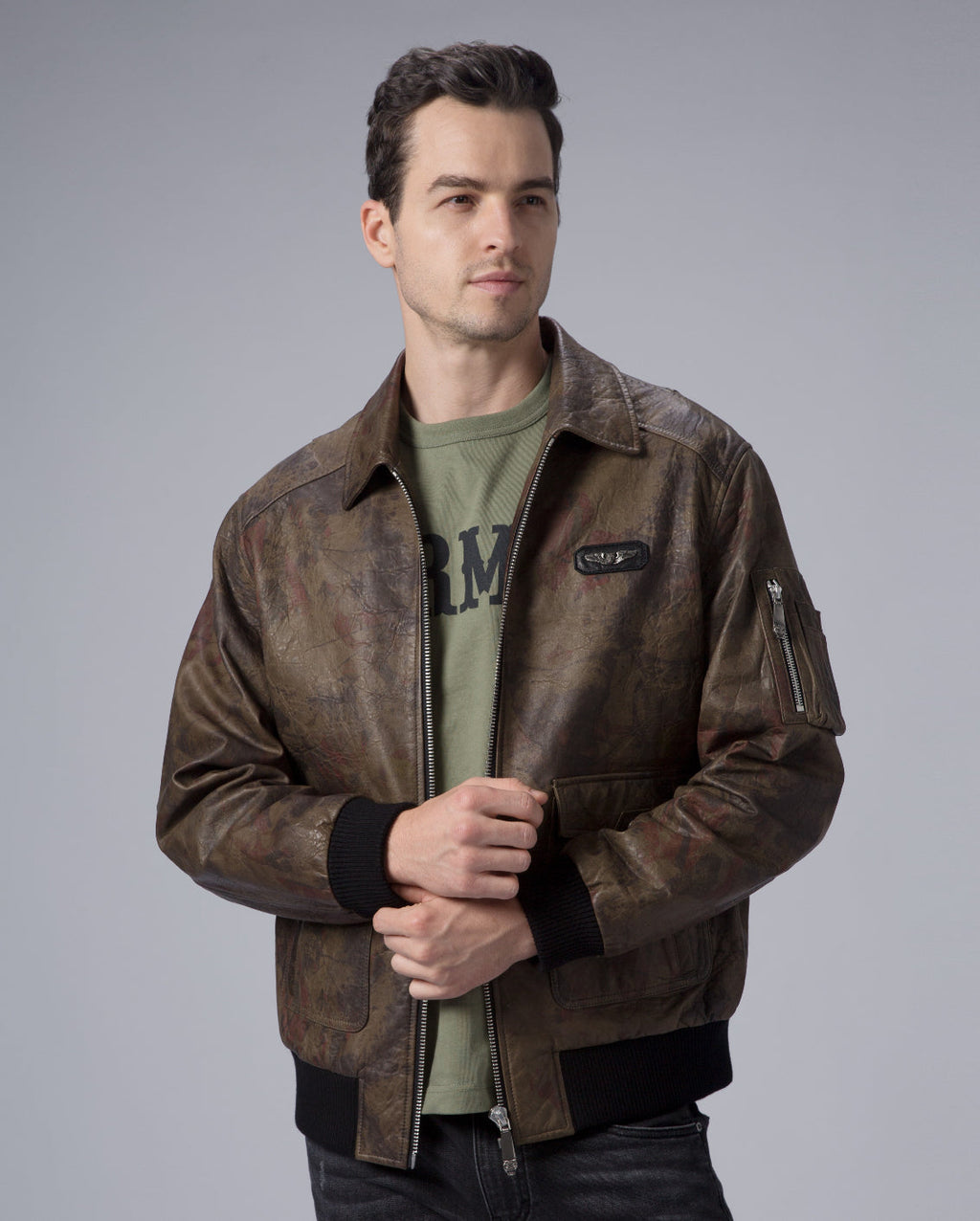 Green Camouflage Air Force A-2 Goatskin Leather Flight Bomber Jacket